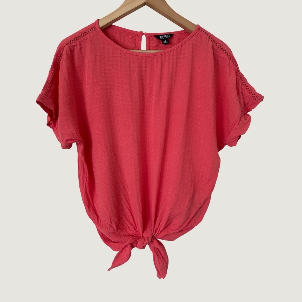 Buffalo David Bitton Women Coral Pink Tie Front Short Sleeve Blouse Top Medium